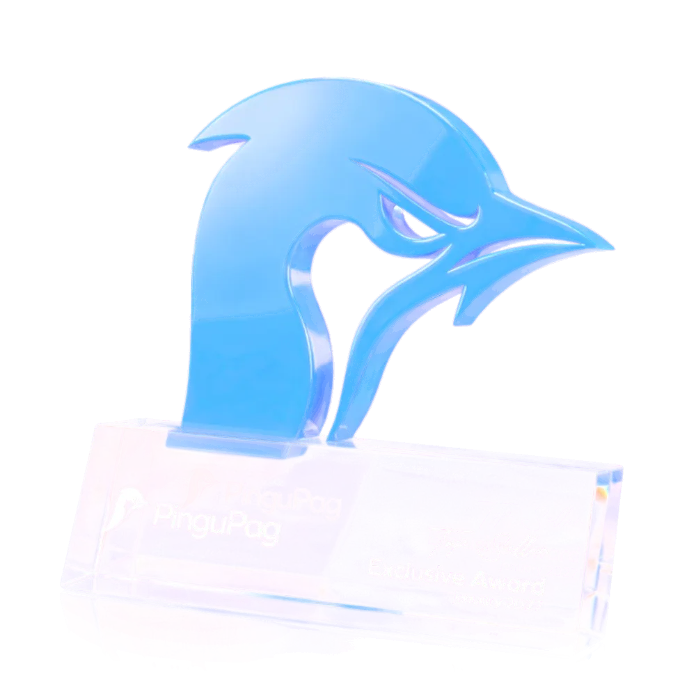 Troféu Top Seller da PinguPag: o pinguim em azul sobre base de cristal